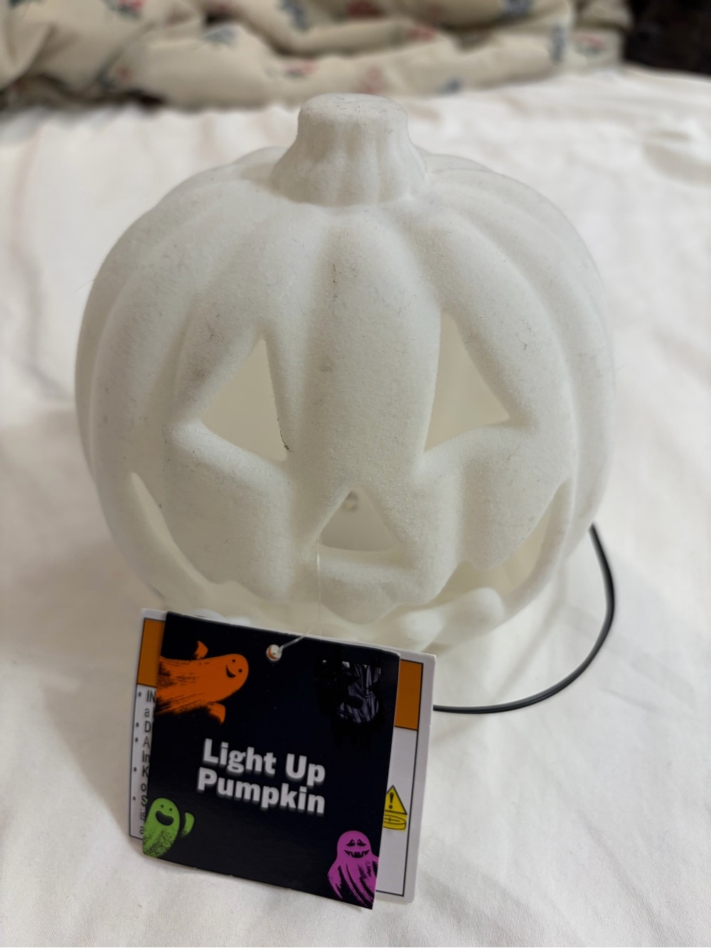 White Flocked Light-Up Jack-O-Lantern Pumpkin Halloween Decor